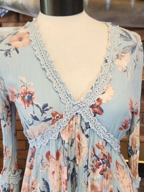 Y2k Vintage Minidress Floral Mauve Light Steel Blue Lace Detail Boho Festival